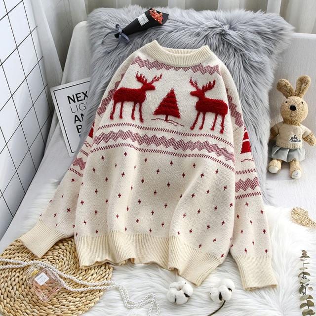 Christmas Deer Knitted Sweater  Loose Outerwear Pullover Women Pullover